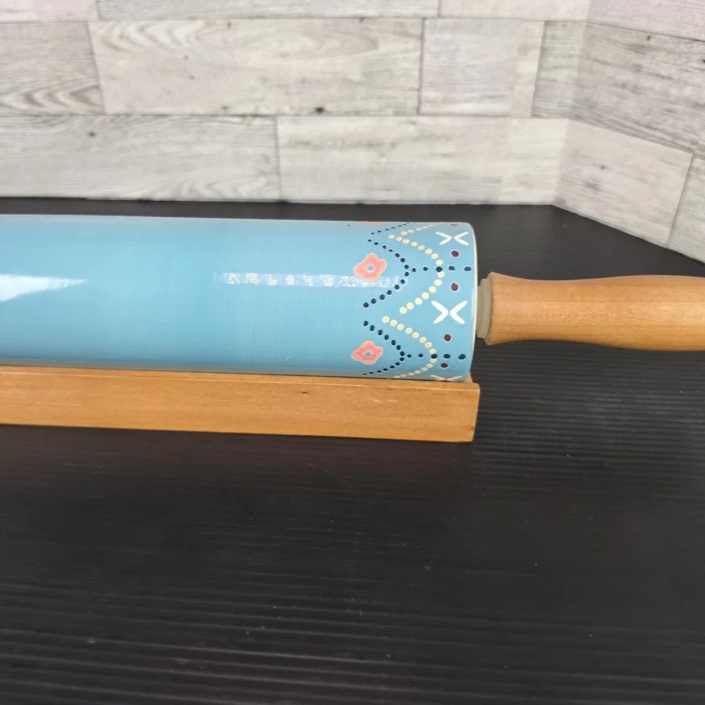 The Nordic Ceramic Rolling Pin Blue Floral with Wood Handles and Base